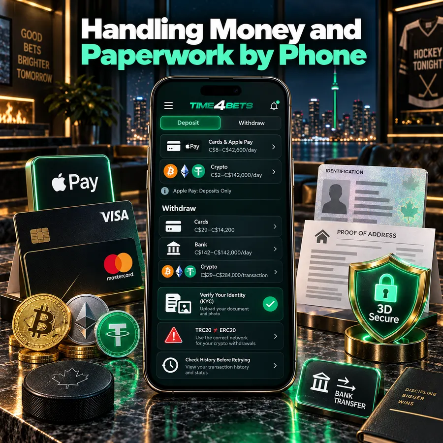 Time4Bets mobile banking screen with Apple Pay, Visa, Mastercard, crypto deposits, CAD limits and KYC verification