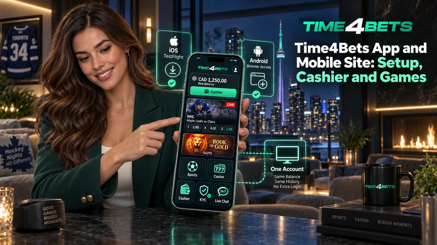 Time4Bets mobile application interface showing smartphone client setup, CAD cashier, slots and sports betting