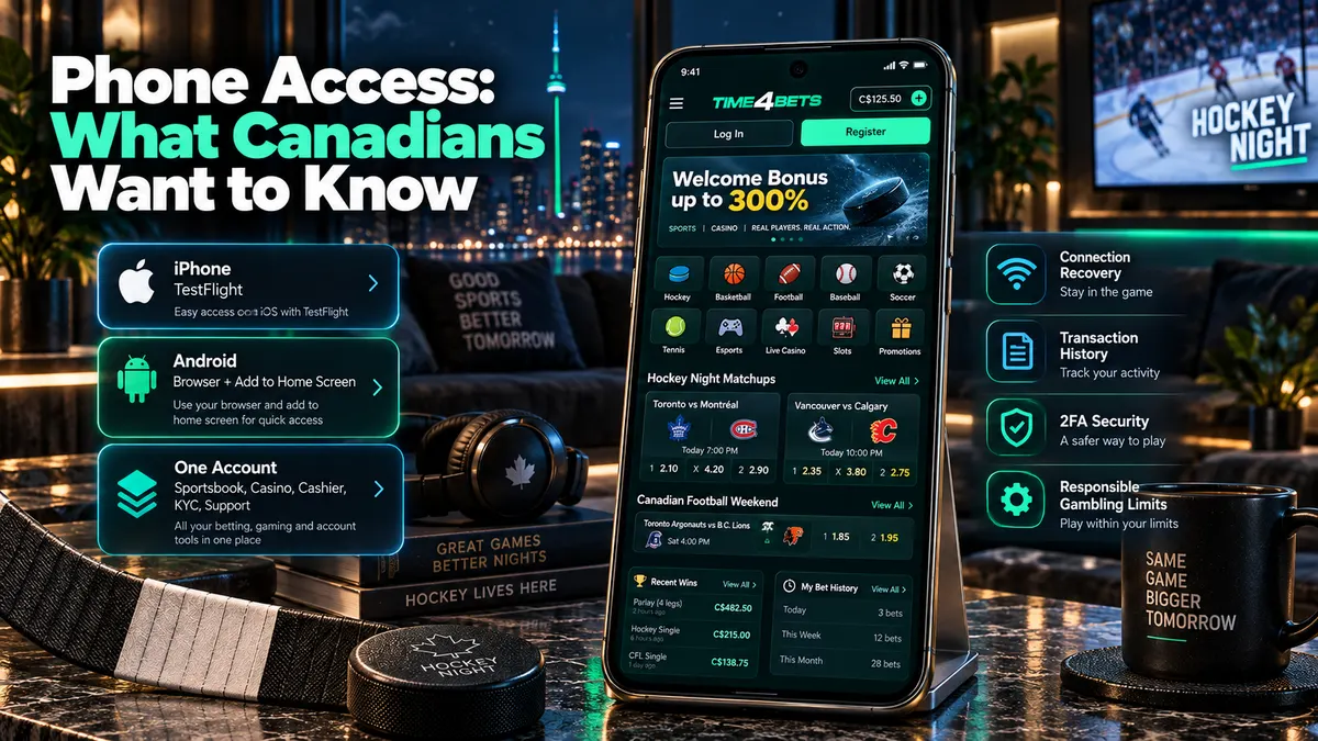 Time4Bets Canadian mobile access guide highlighting iOS TestFlight, Android browser access, 2FA security and support