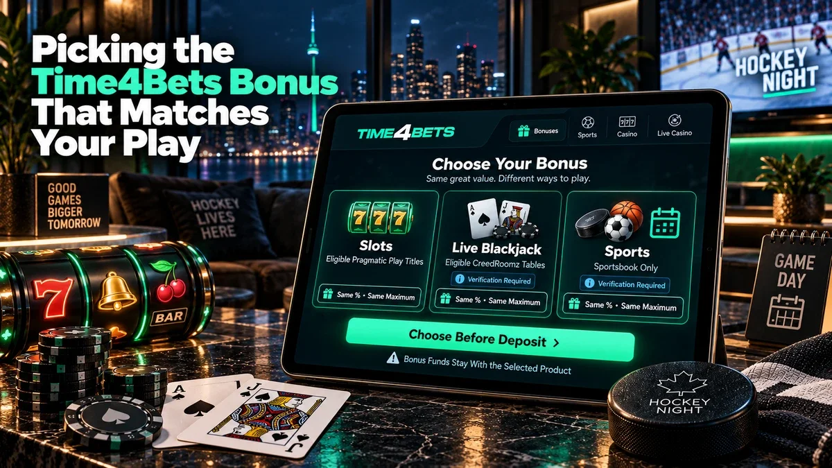 Time4Bets Canada bonus selection options for slots, live blackjack and sports betting