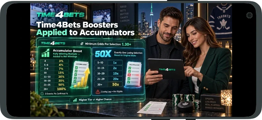 Time4Bets accumulator booster percentages and 50X consolation payout reward tiers