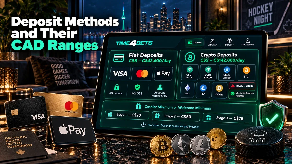 Time4Bets CAD deposit methods showing limits for cards, crypto and welcome minimums