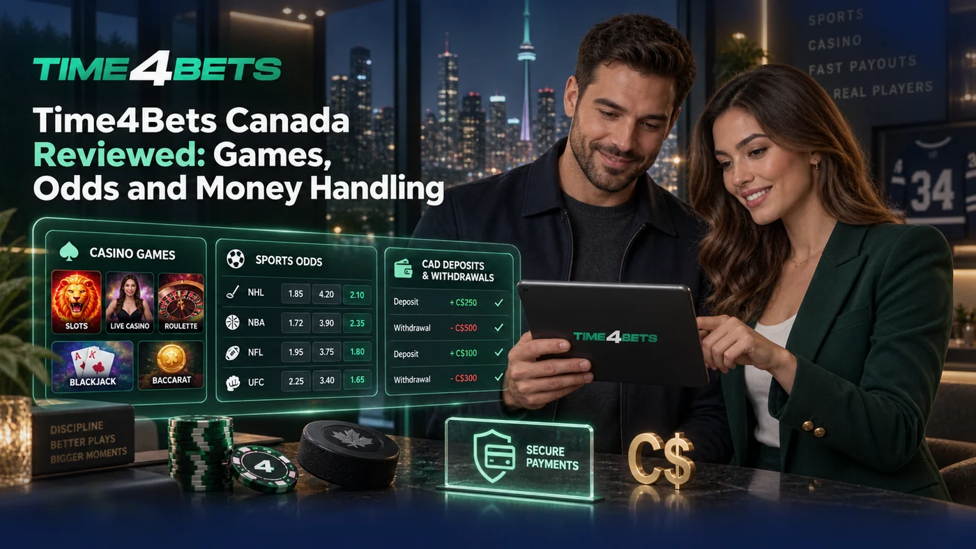 Time4Bets Canada platform review overview showing casino games, sports odds and secure CAD payments