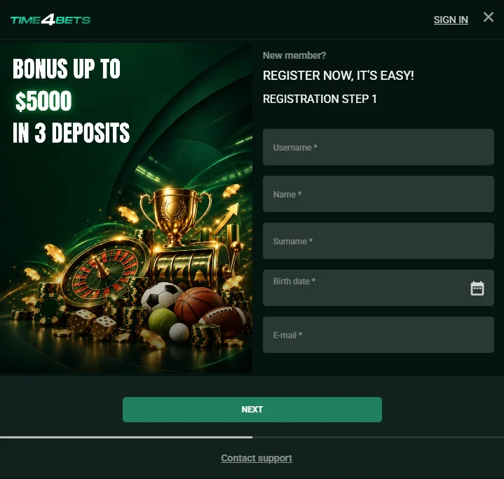 Time4Bets registration modal showing CAD currency selection and account fields