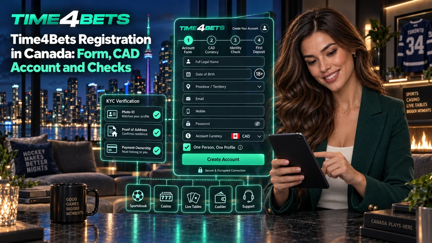 Time4Bets registration overview showing account creation form, CAD currency setup and player identity checks in Canada