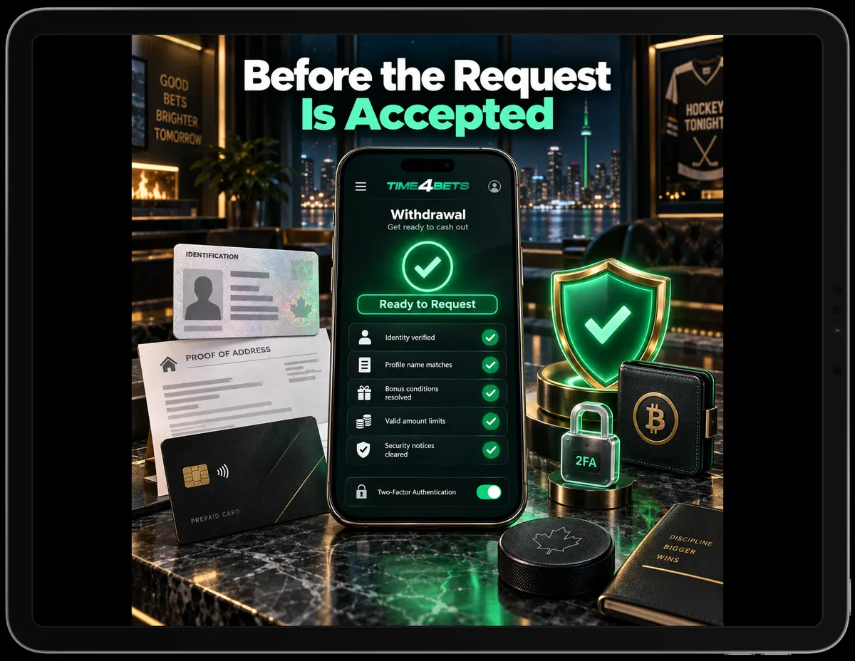 Time4Bets withdrawal checklist showing identity verification, profile name matching, active bonuses and 2FA status