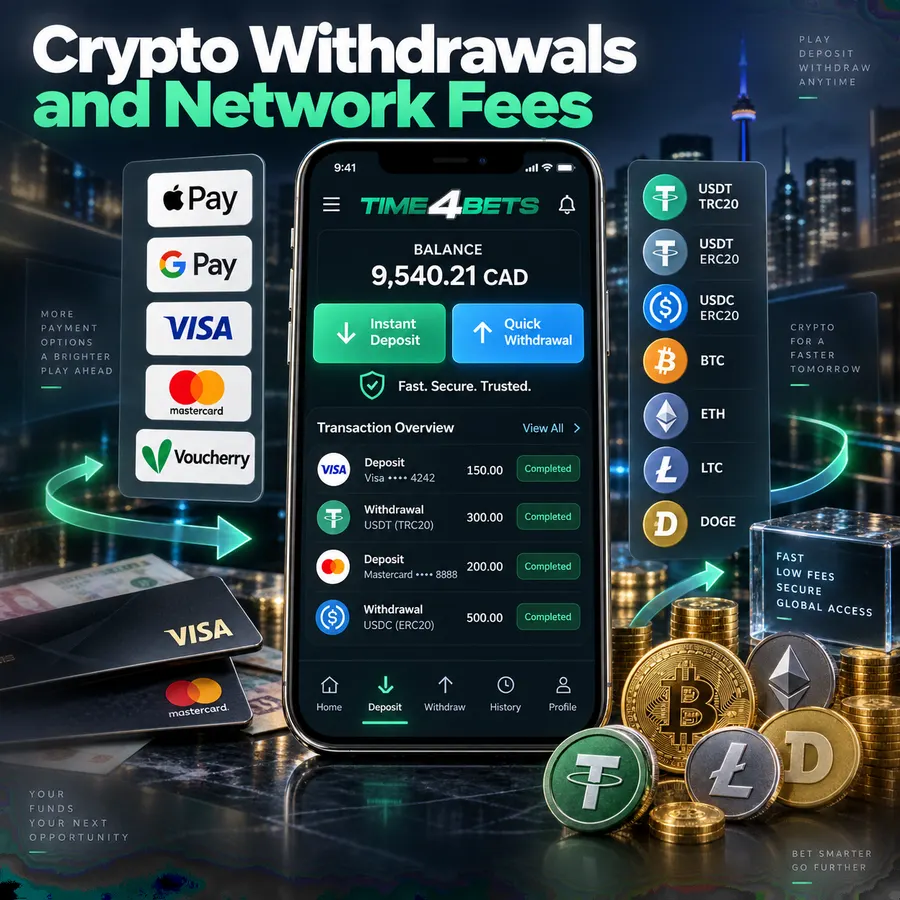 Time4Bets cryptocurrency withdrawal interface displaying USDT TRC20, ERC20, BTC, ETH and transaction history in CAD