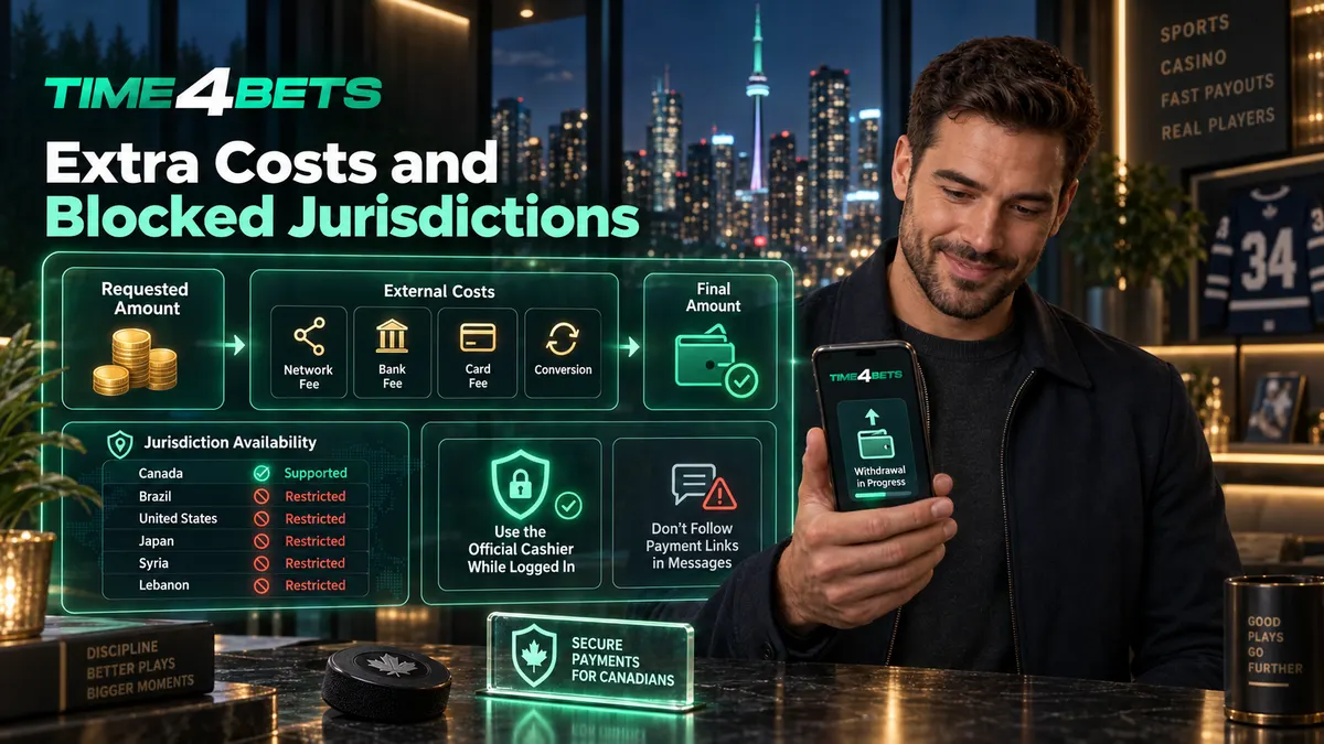 Time4Bets fee transparency diagram illustrating network fees, banking charges and Canadian supported jurisdiction status