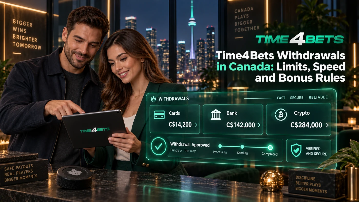 Time4Bets Canada payout overview showing approved withdrawals, CAD limits for cards, bank transfer and crypto